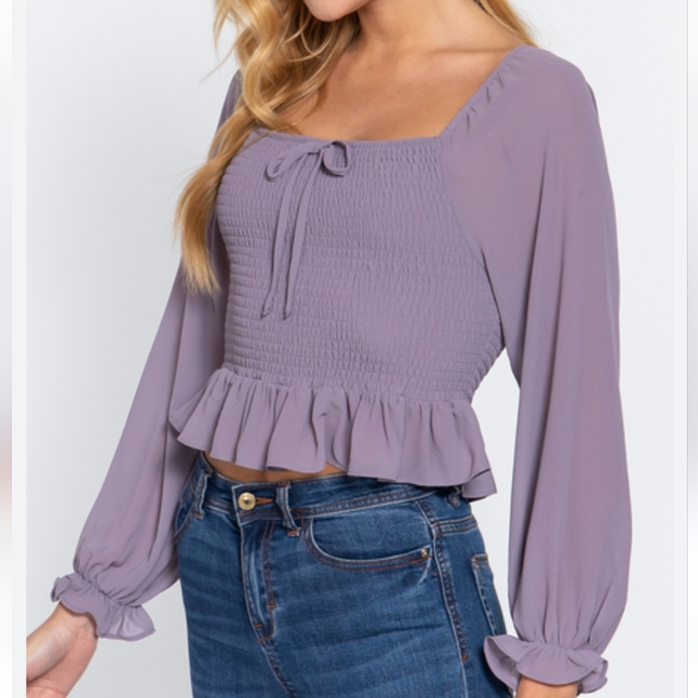 SOLD! LONG SLEEVE STRAIGHT NECK FRONT TIE SMOCKING WOVEN TOP